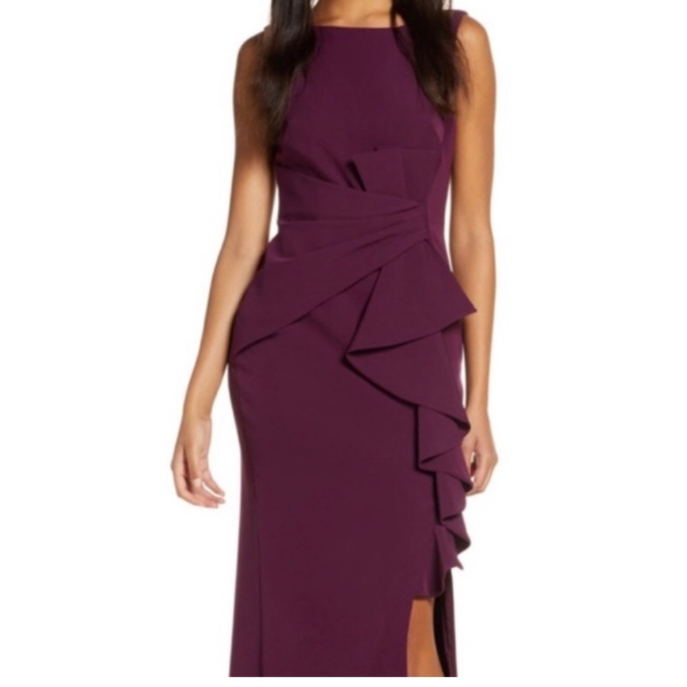 ELIZA J Cascading Ruffle Front Gown Size 4 Wine Burgundy Cocktail Dress